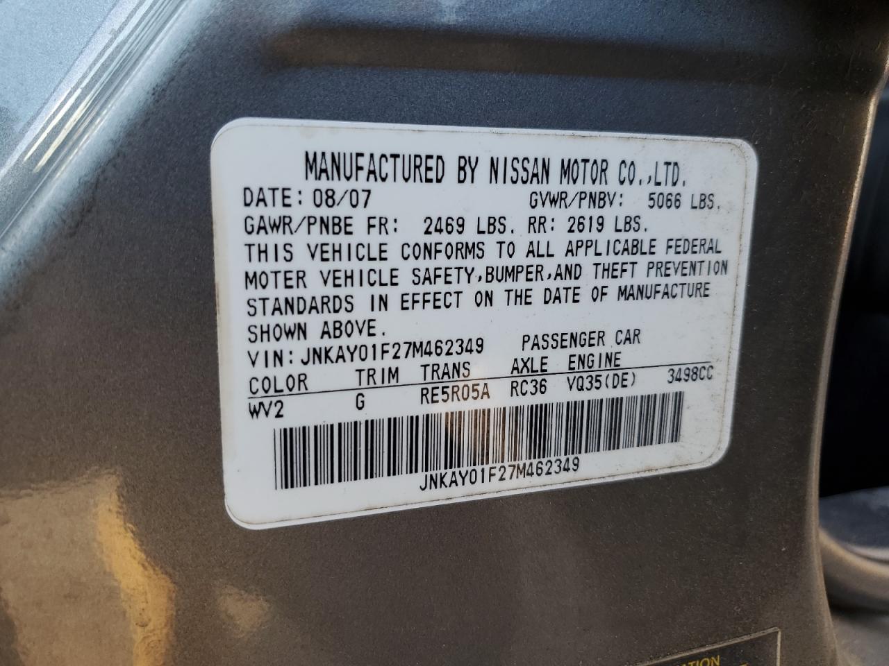 2007 Infiniti M35 Base VIN: JNKAY01F27M462349 Lot: 93559815