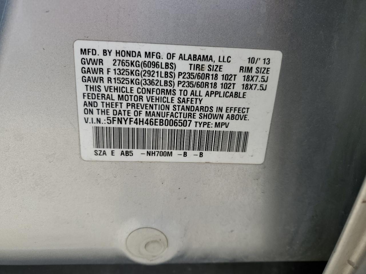 2014 Honda Pilot Ex VIN: 5FNYF4H46EB006507 Lot: 92298175