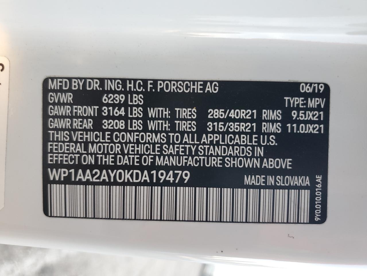 2019 Porsche Cayenne VIN: WP1AA2AY0KDA19479 Lot: 92250635