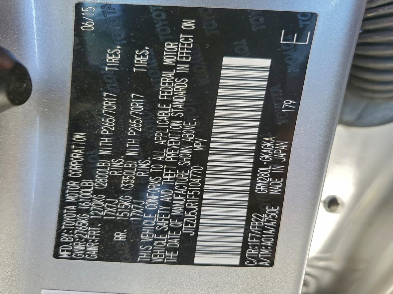 2015 Toyota 4Runner Sr5 VIN: JTEZU5JR1F5104770 Lot: 94368215