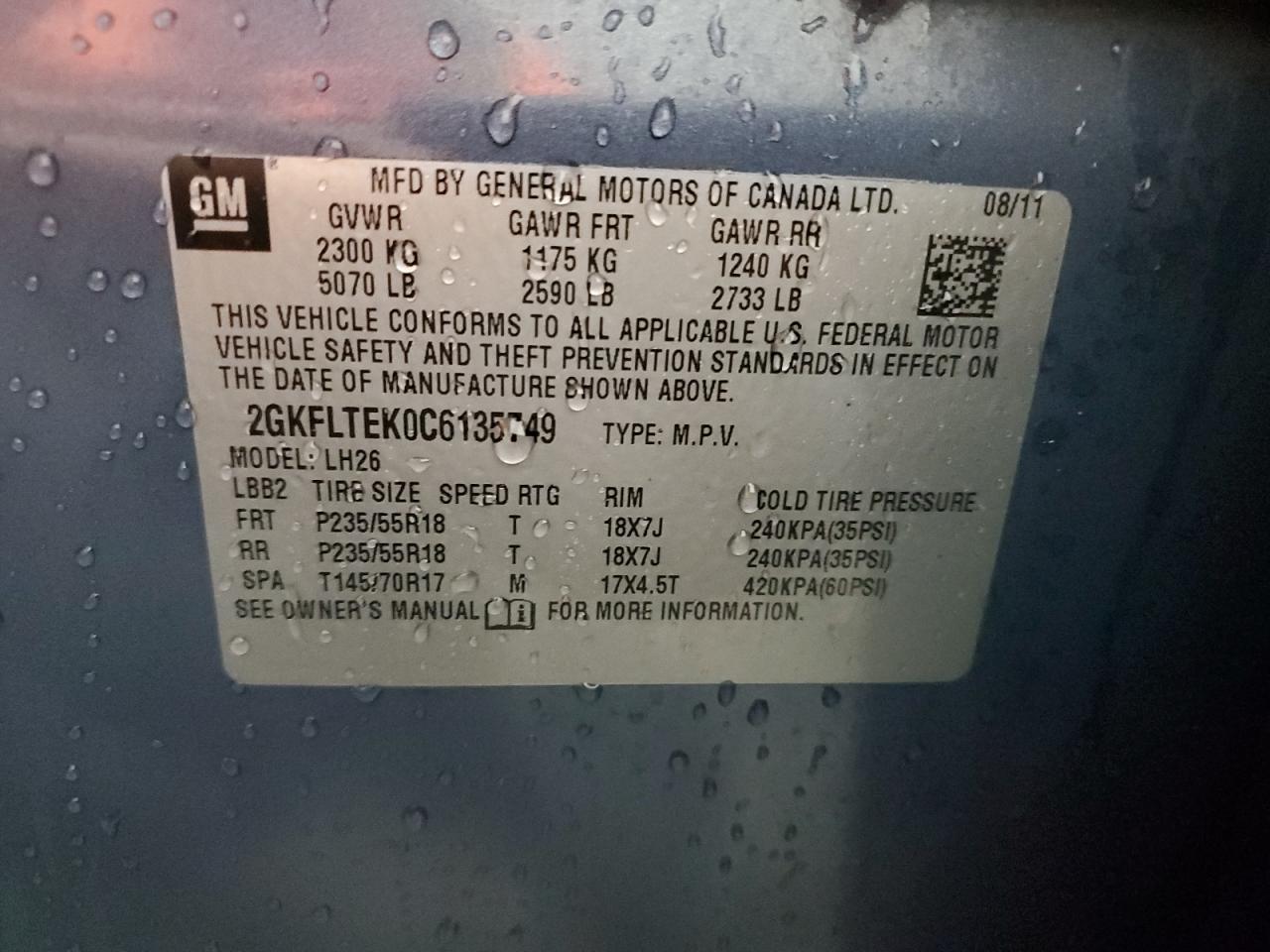 2012 GMC Terrain Sle VIN: 2GKFLTEK0C6135749 Lot: 92179125