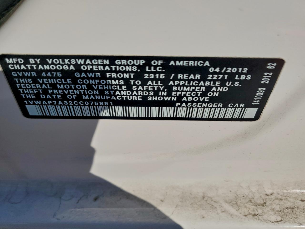 2012 Volkswagen Passat S VIN: 1VWAP7A32CC075851 Lot: 91824175