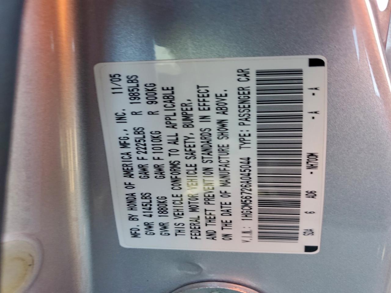 2006 Honda Accord Ex VIN: 1HGCM56726A045044 Lot: 93822685