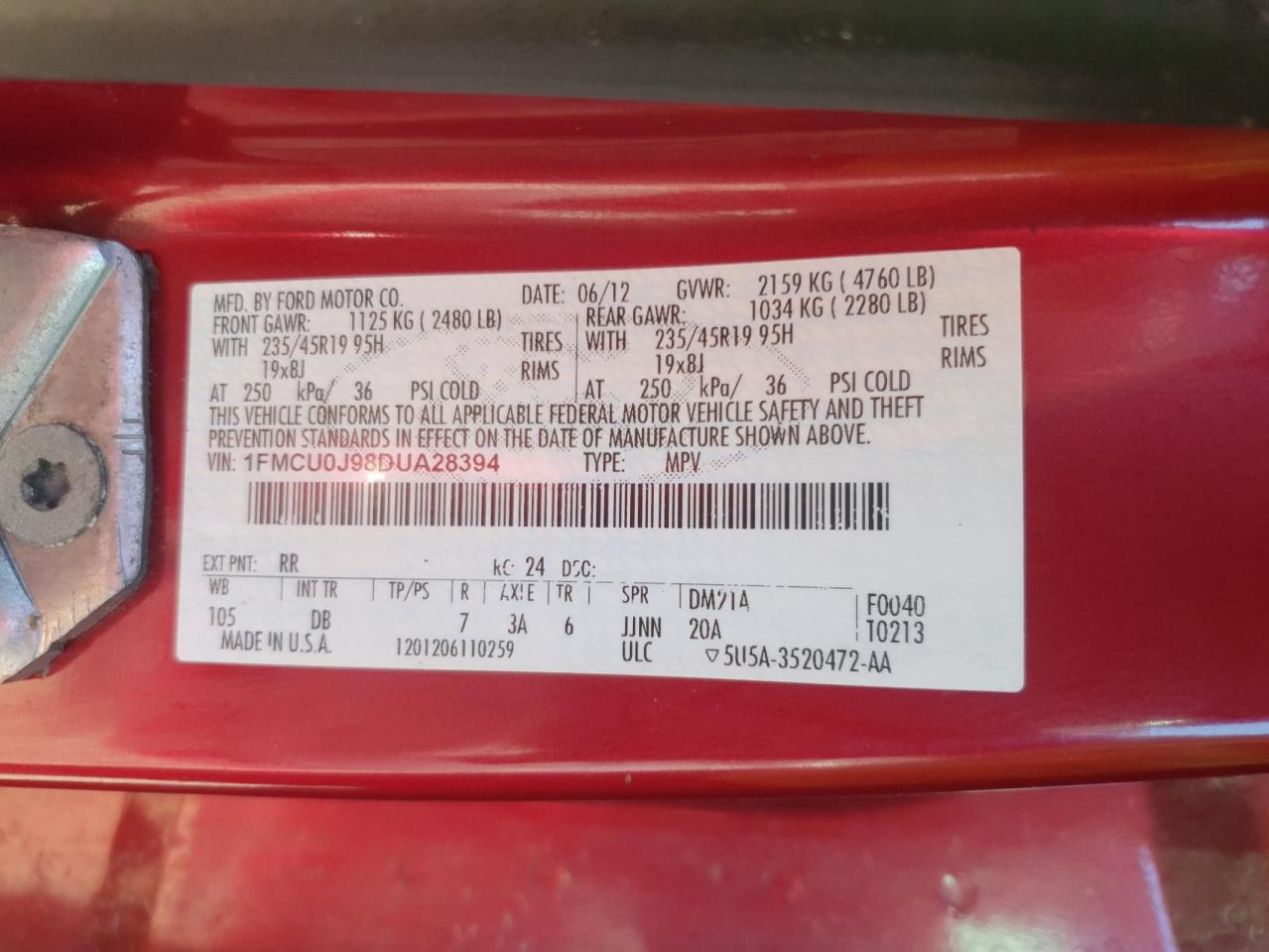 2013 Ford Escape Titanium VIN: 1FMCU0J98DUA28394 Lot: 93702195