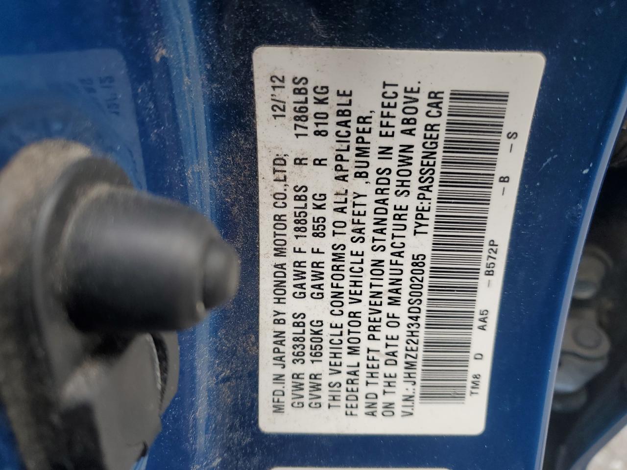 2013 Honda Insight VIN: JHMZE2H34DS002085 Lot: 93404865