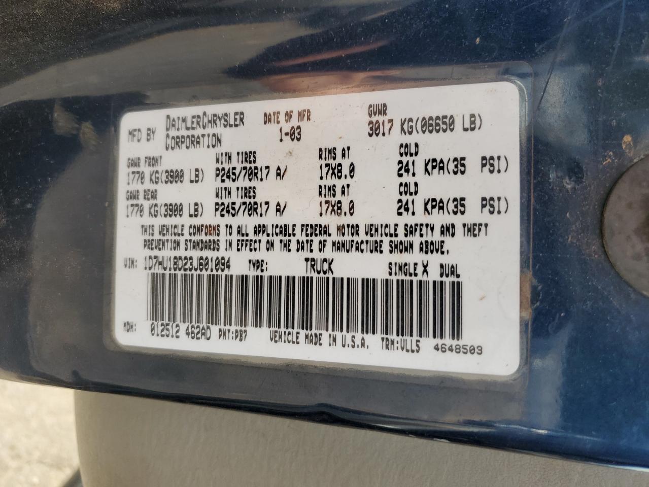 2003 Dodge Ram 1500 St VIN: 1D7HU18D23J601094 Lot: 93588995