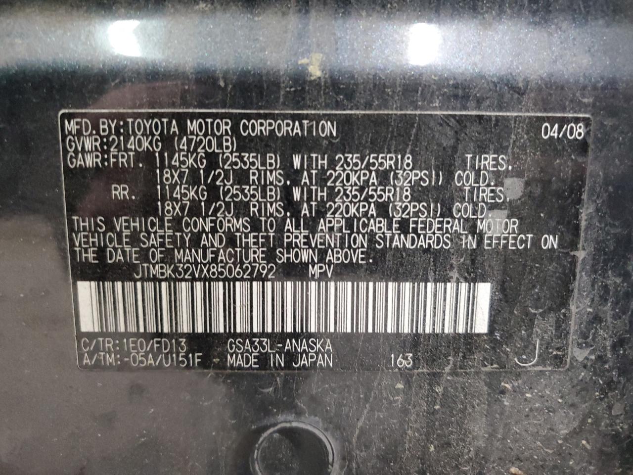 2008 Toyota Rav4 Sport VIN: JTMBK32VX85062792 Lot: 93050535