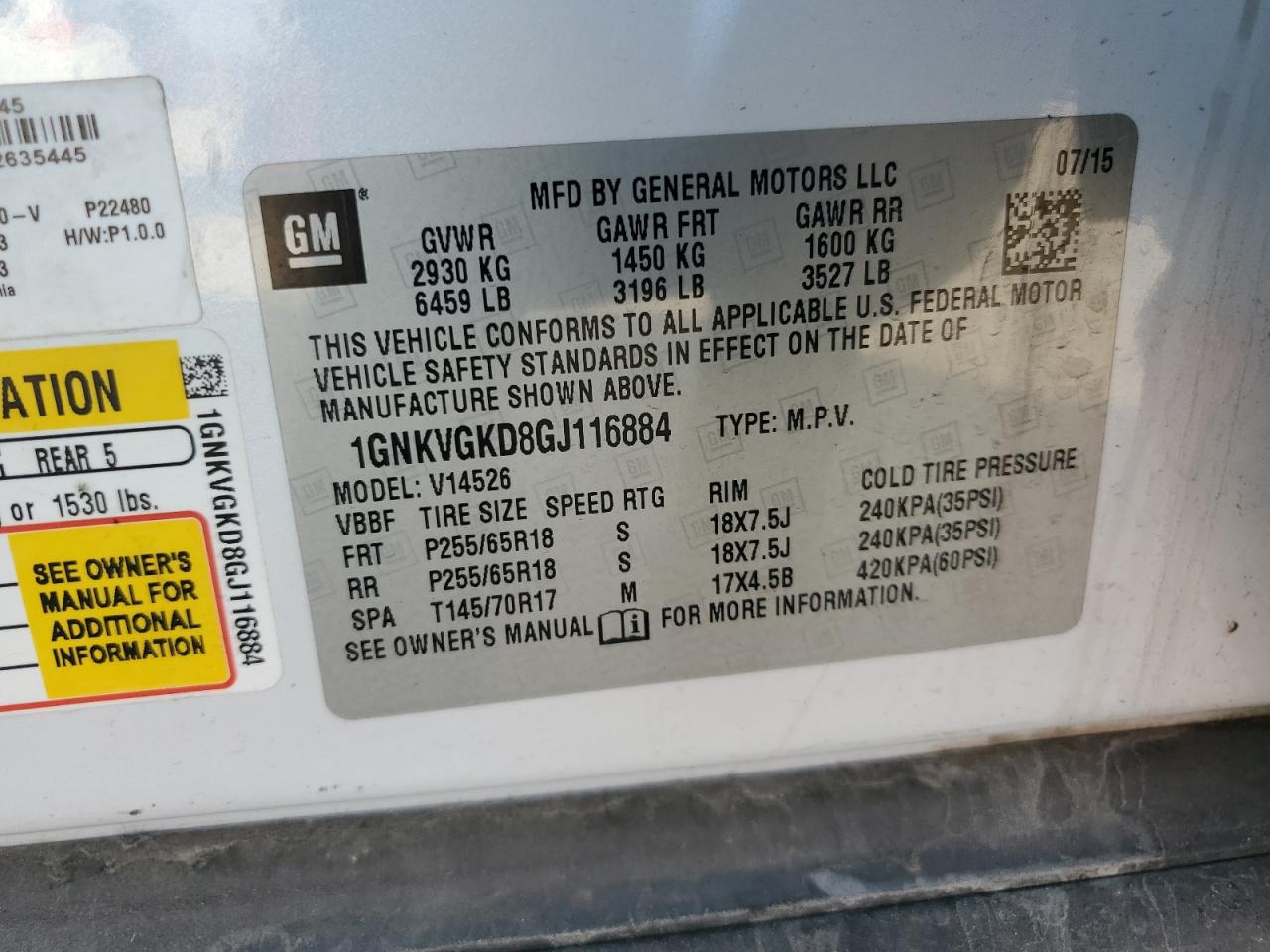 2016 Chevrolet Traverse Lt VIN: 1GNKVGKD8GJ116884 Lot: 93714045