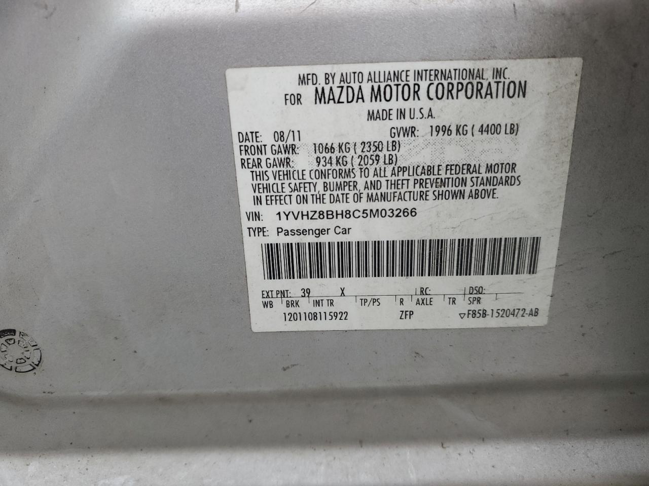 2012 Mazda 6 I VIN: 1YVHZ8BH8C5M03266 Lot: 93018255