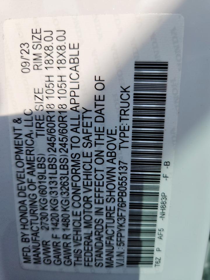 2023 Honda Ridgeline Rtl-E VIN: 5FPYK3F76PB055137 Lot: 93429885