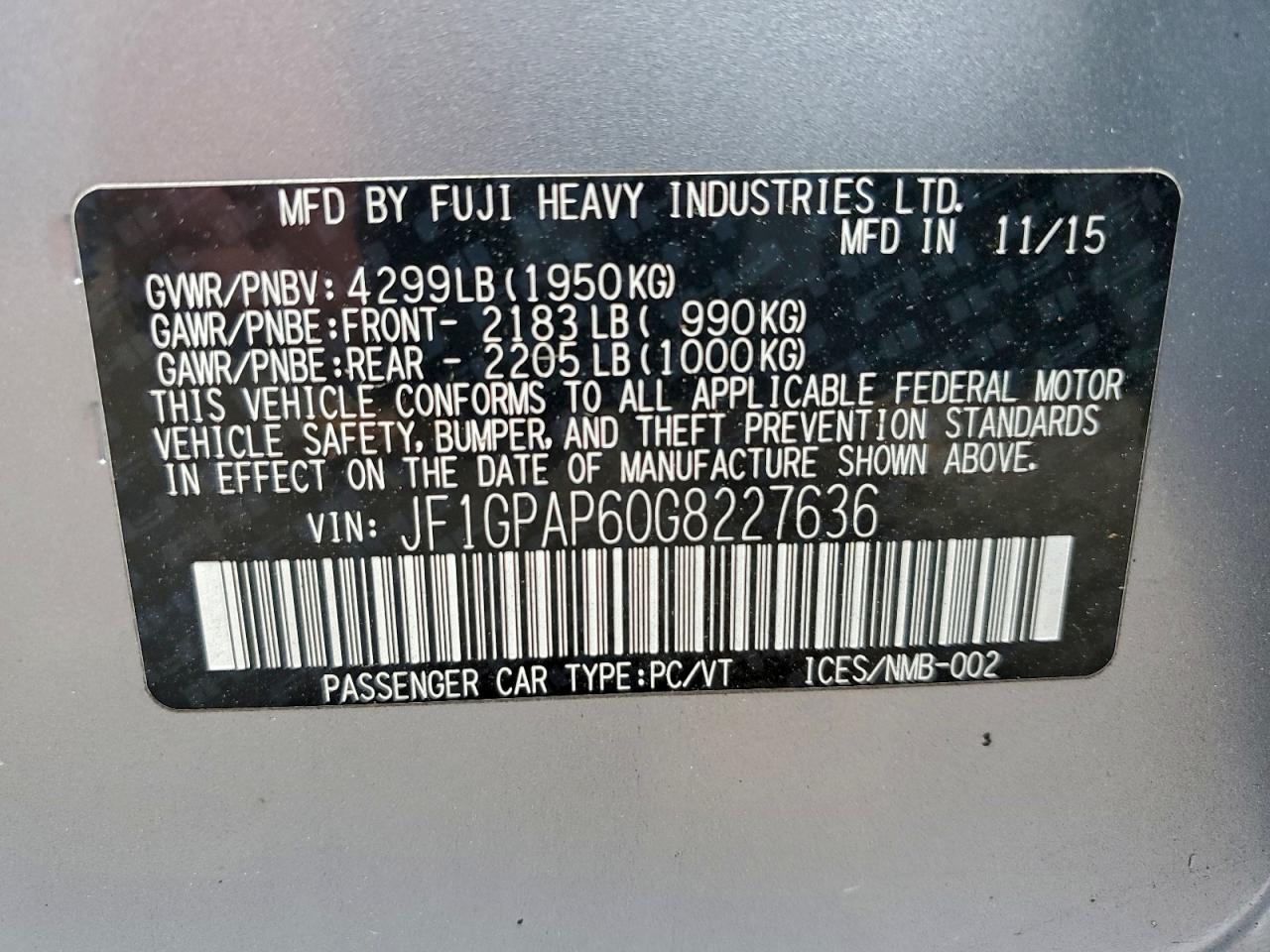 2016 Subaru Impreza Sport Premium VIN: JF1GPAP60G8227636 Lot: 93208835