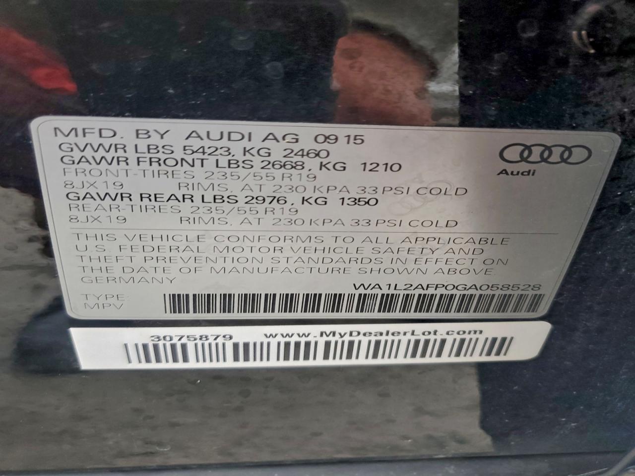 2016 Audi Q5 Premium Plus VIN: WA1L2AFP0GA058528 Lot: 94445825