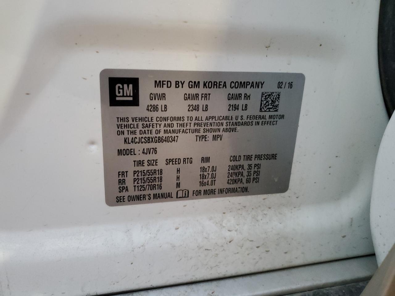 2016 Buick Encore VIN: KL4CJCSBXGB640347 Lot: 92850795