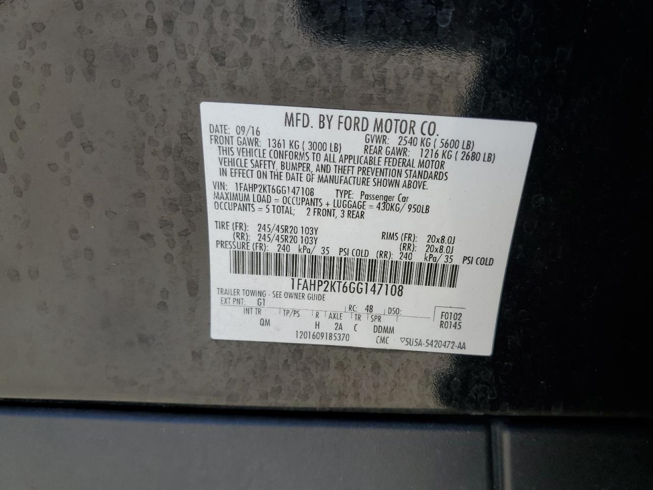 2016 Ford Taurus Sho VIN: 1FAHP2KT6GG147108 Lot: 92585805