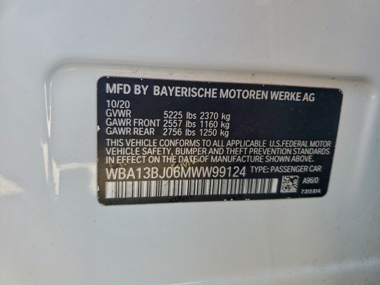 2021 BMW 530 Xi VIN: WBA13BJ06MWW99124 Lot: 93087595