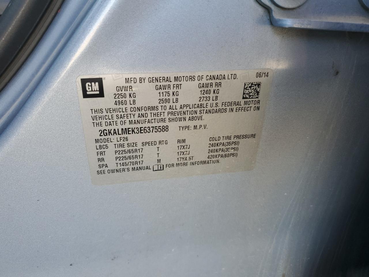 2014 GMC Terrain Sle VIN: 2GKALMEK3E6375588 Lot: 90866105