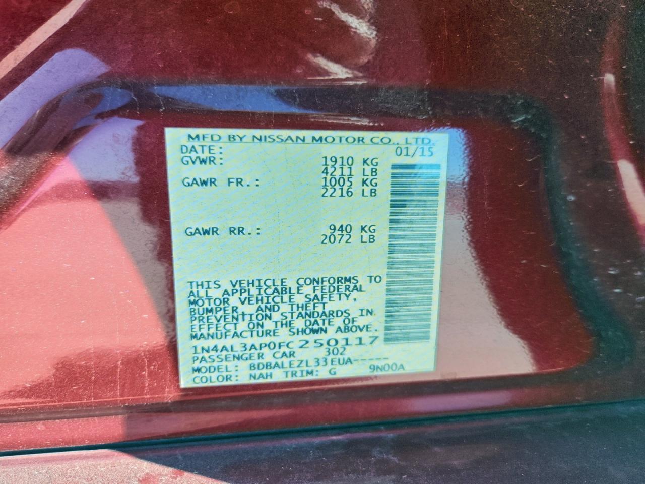 2015 Nissan Altima 2.5 VIN: 1N4AL3AP0FC250117 Lot: 94419735