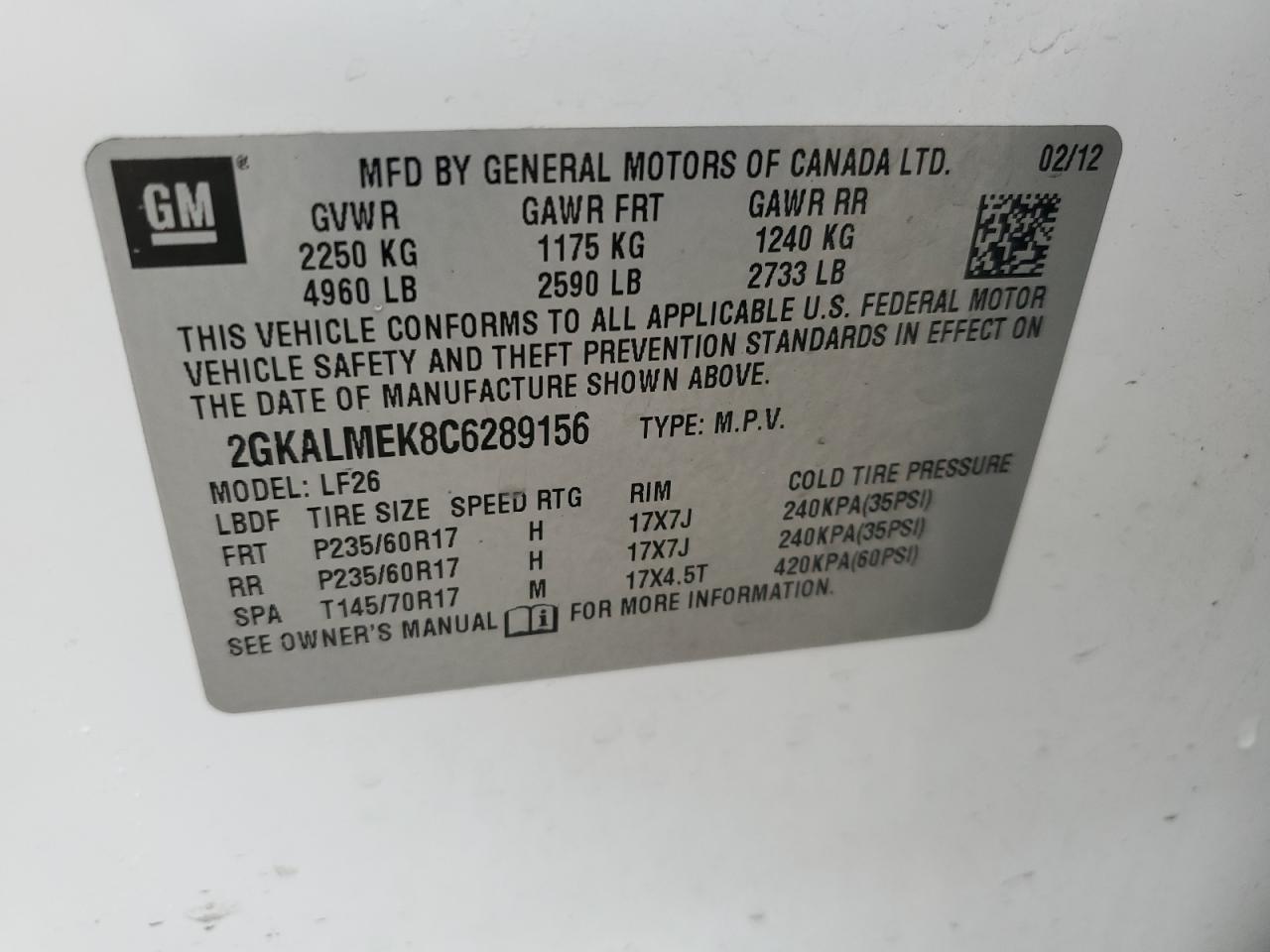 2012 GMC Terrain Sle VIN: 2GKALMEK8C6289156 Lot: 93727675