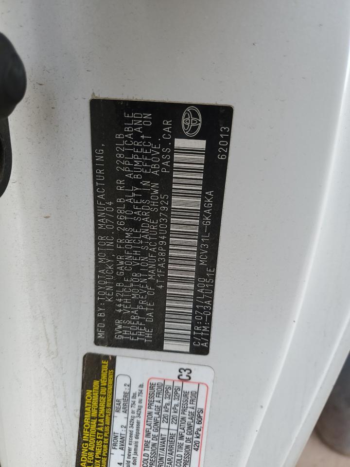 2004 Toyota Camry Solara Se VIN: 4T1FA38P94U037925 Lot: 92086555