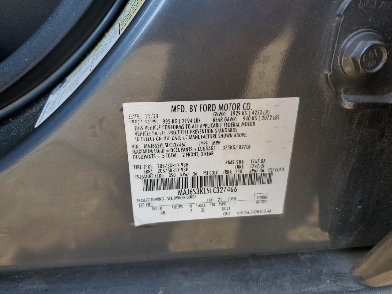 2020 Ford Ecosport Titanium VIN: MAJ6S3KL5LC327466 Lot: 91686945