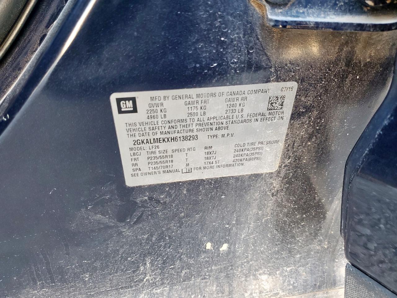 2017 GMC Terrain Sle VIN: 2GKALMEKXH6138293 Lot: 91602425