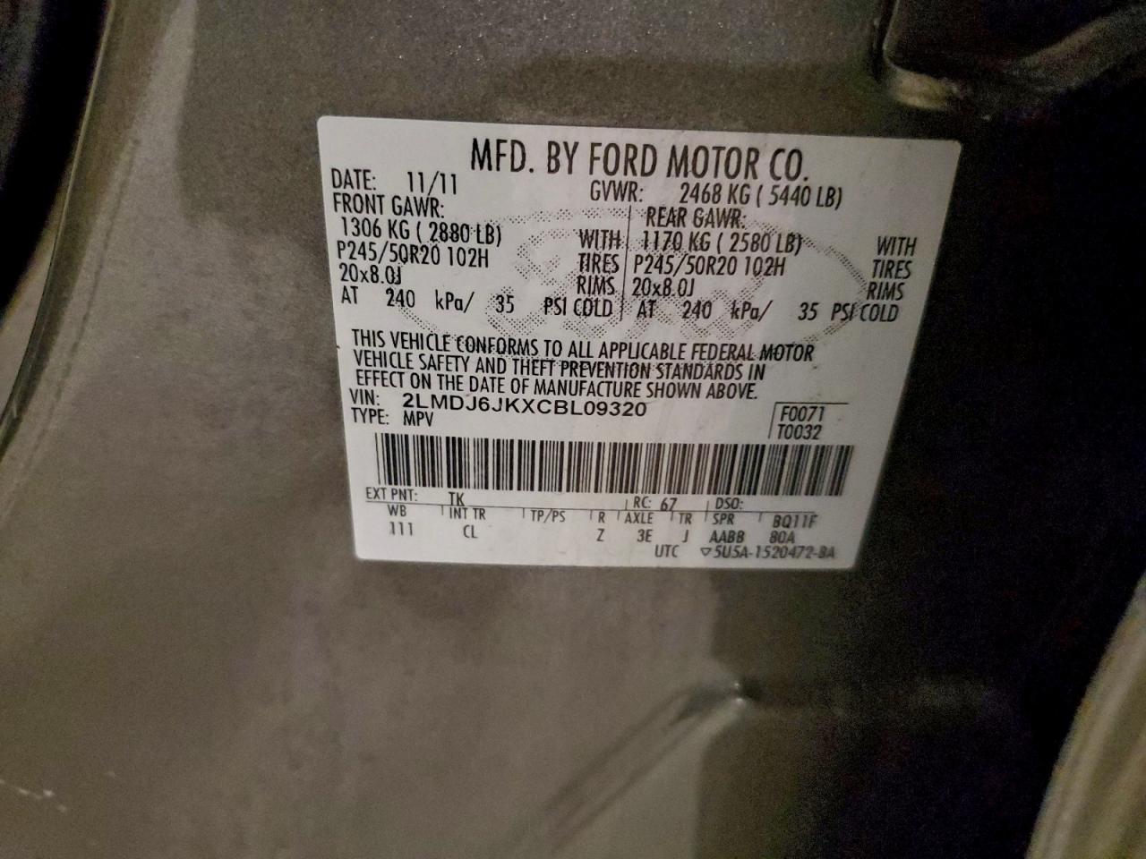 2012 Lincoln Mkx VIN: 2LMDJ6JKXCBL09320 Lot: 92722385