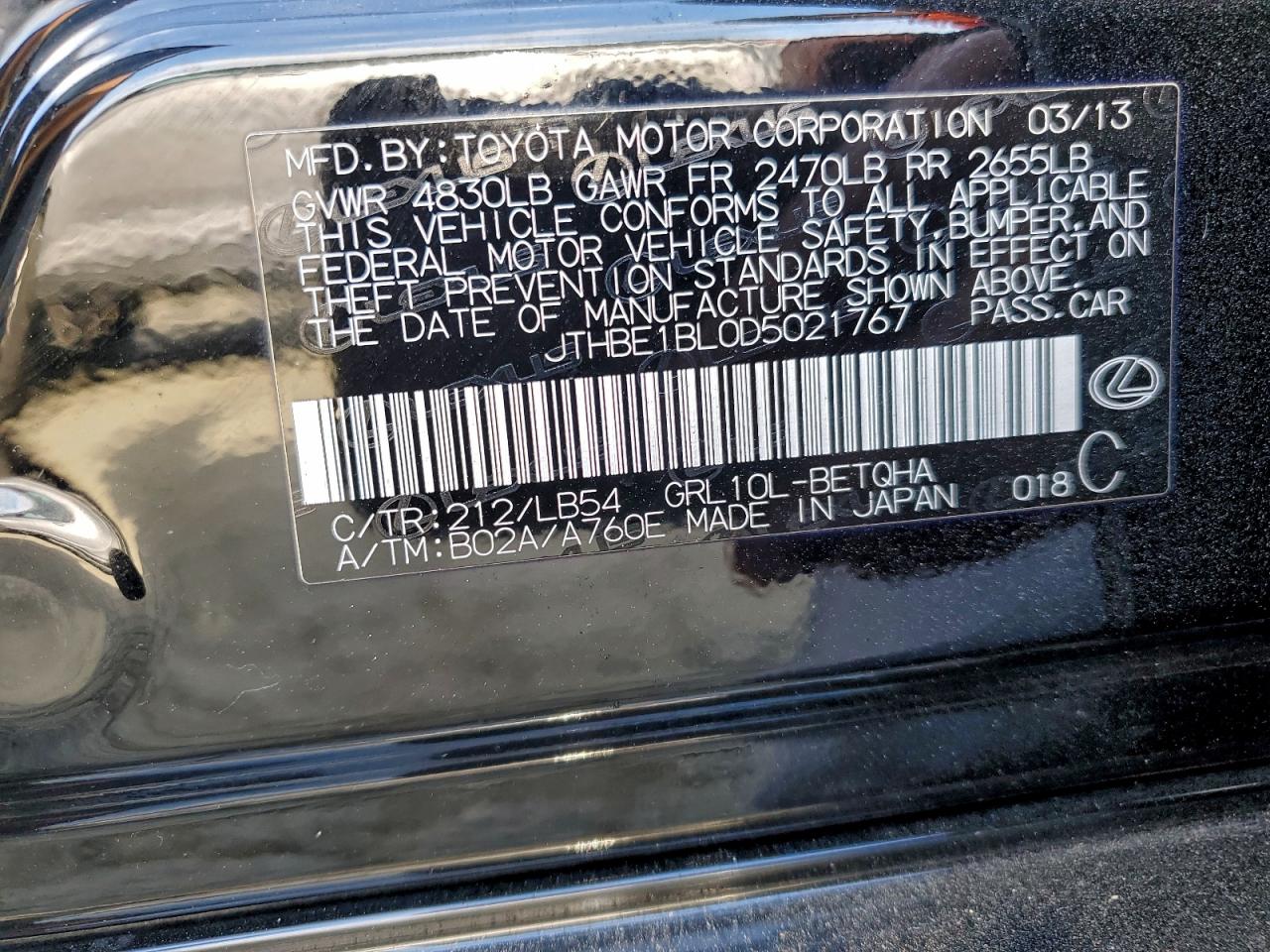 2013 Lexus Gs 350 VIN: JTHBE1BL0D5021767 Lot: 94726095