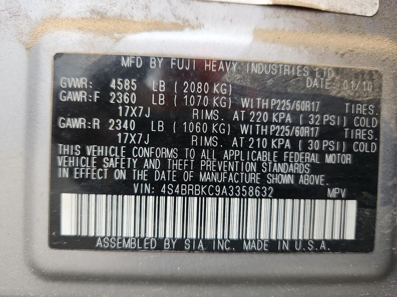 2010 Subaru Outback 2.5I Limited VIN: 4S4BRBKC9A3358632 Lot: 92353555