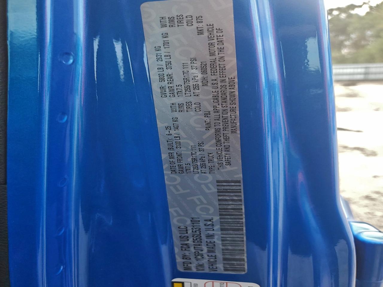 2025 Jeep Gladiator Sport VIN: 1C6PJTAG5SL531101 Lot: 93827265