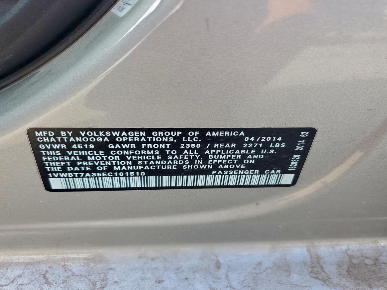2014 Volkswagen Passat Se VIN: 1VWBT7A35EC101510 Lot: 93703035