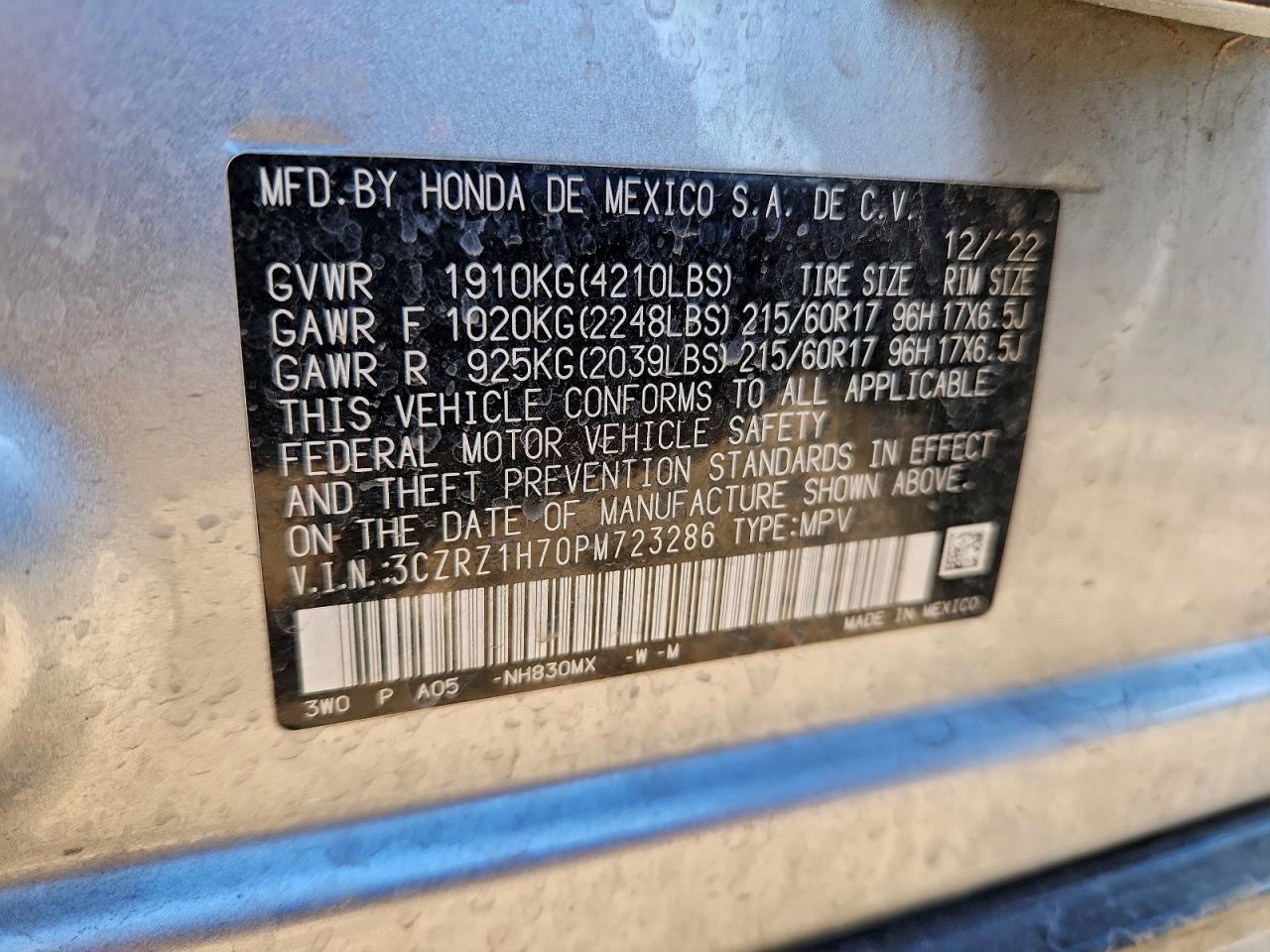 2023 Honda Hr-V Exl VIN: 3CZRZ1H70PM723286 Lot: 94245285
