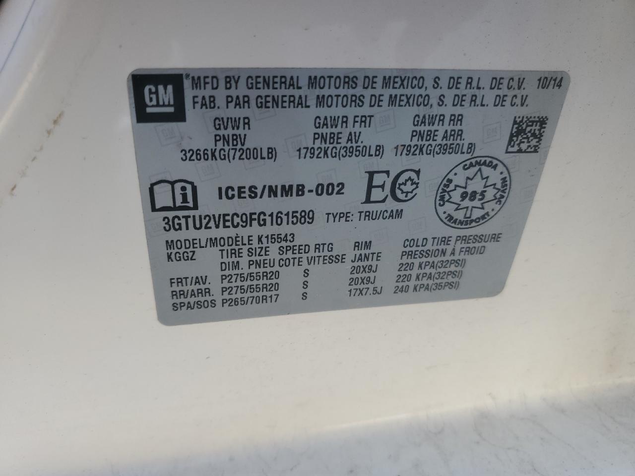 2015 GMC Sierra K1500 Slt VIN: 3GTU2VEC9FG161589 Lot: 90657225