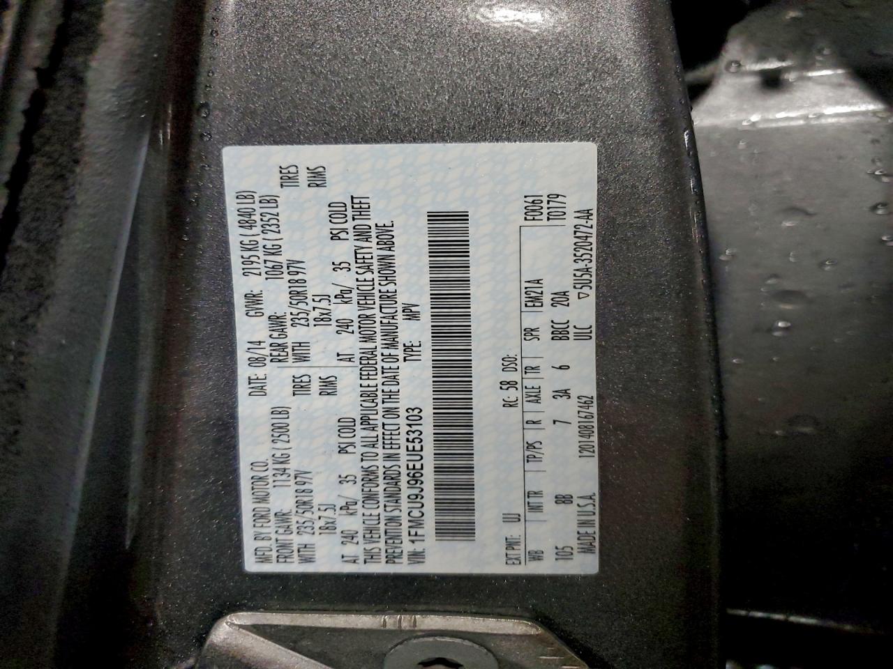 2014 Ford Escape Titanium VIN: 1FMCU9J96EUE53103 Lot: 93612155