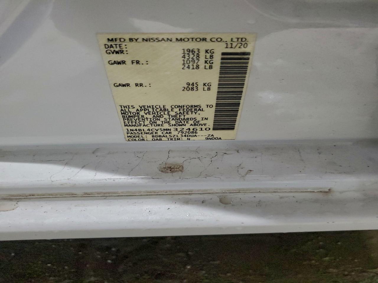 2021 Nissan Altima Sr VIN: 1N4BL4CV5MN324610 Lot: 93230755