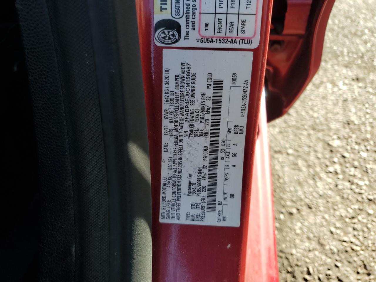 2012 Ford Fiesta Se VIN: 3FADP4EJ9CM158687 Lot: 92367005