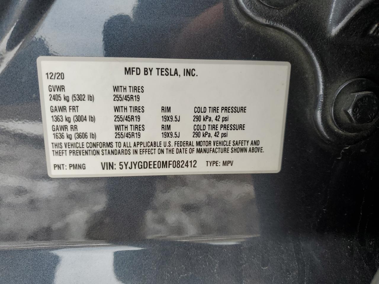 2021 Tesla Model Y VIN: 5YJYGDEE0MF082412 Lot: 91521195