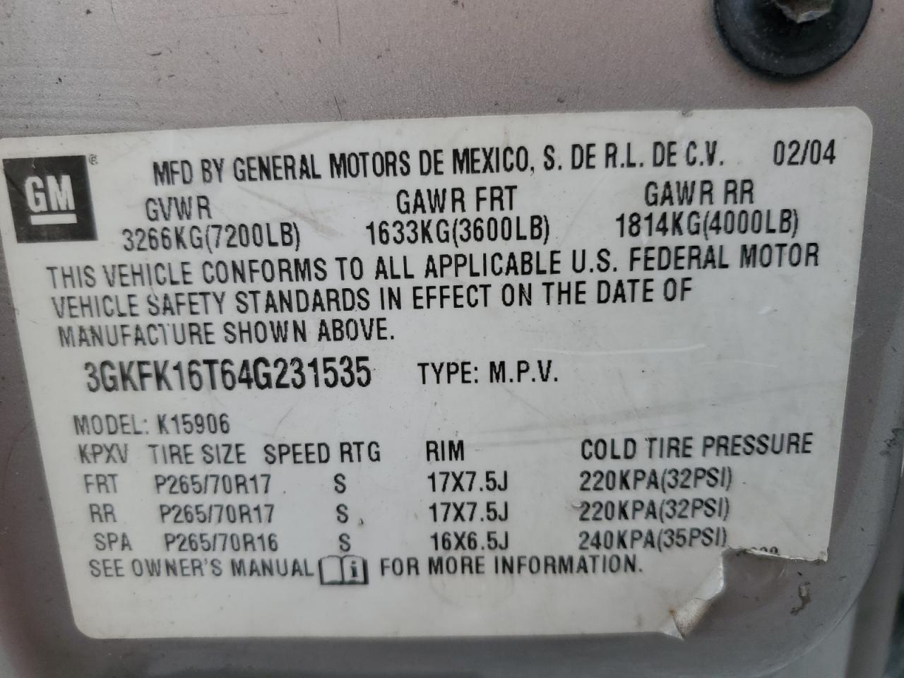 2004 GMC Yukon Xl K1500 VIN: 3GKFK16T64G231535 Lot: 91375035