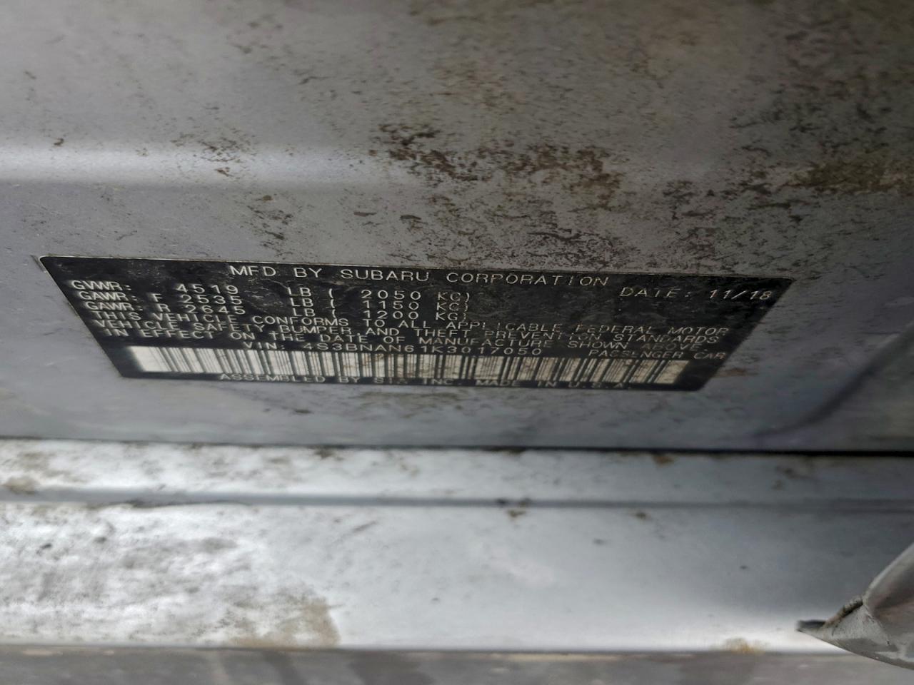 2019 Subaru Legacy 2.5I Limited VIN: 4S3BNAN61K3017050 Lot: 94387385