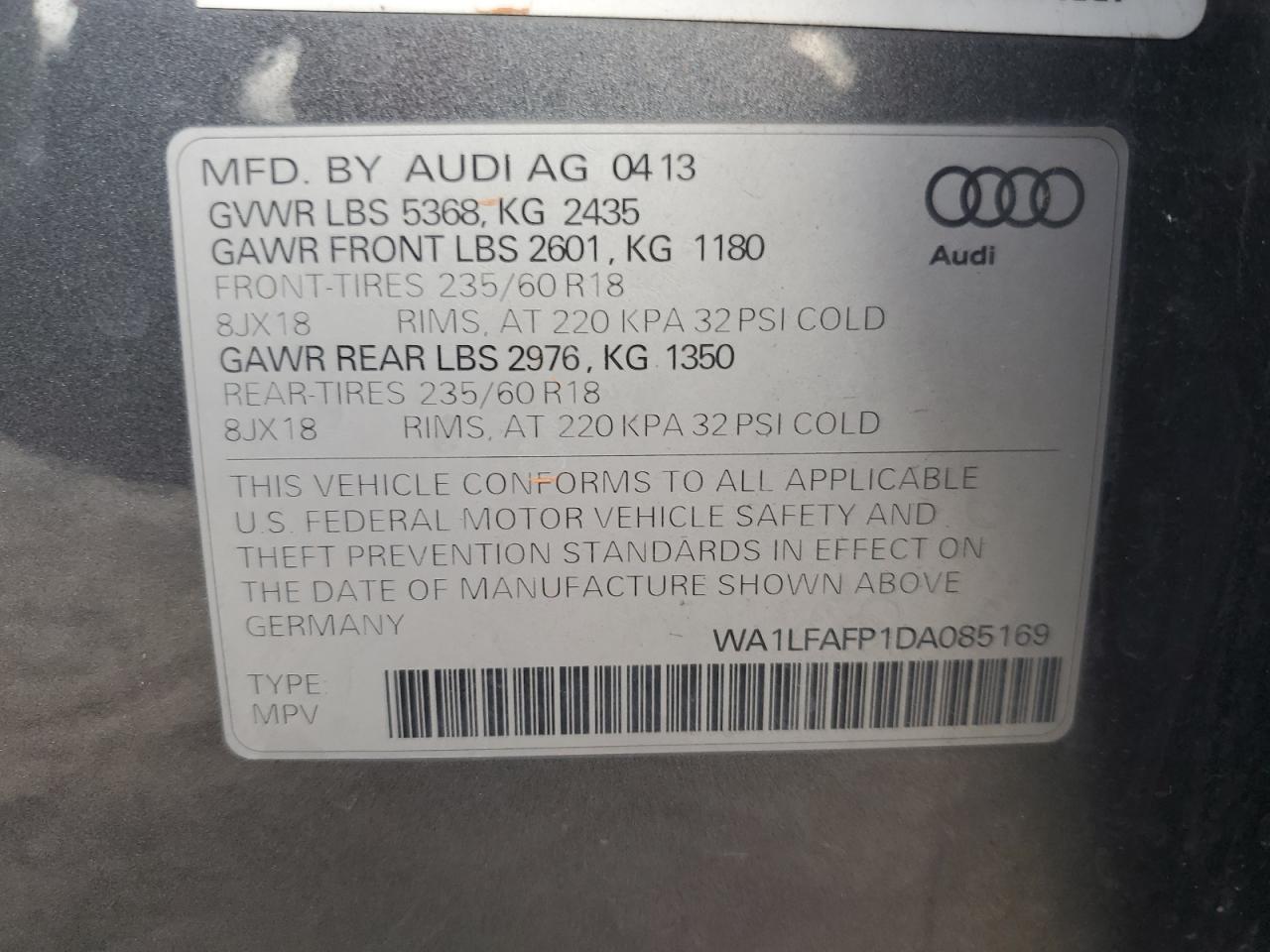 2013 Audi Q5 Premium Plus VIN: WA1LFAFP1DA085169 Lot: 93653135