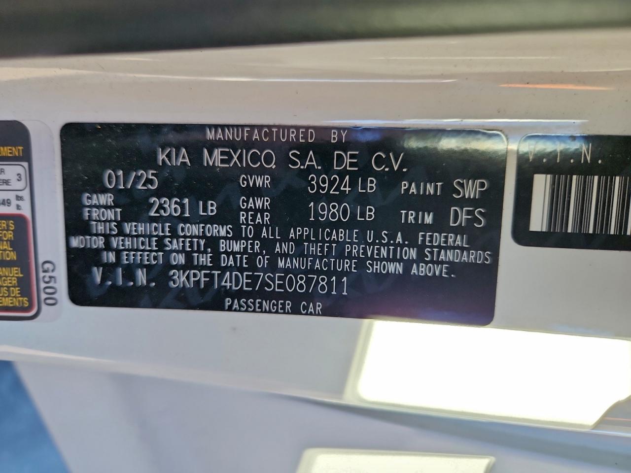 2025 Kia K4 Lx VIN: 3KPFT4DE7SE087811 Lot: 93989765