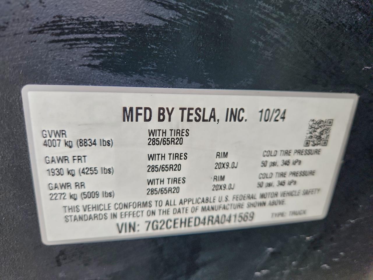 2024 Tesla Cybertruck VIN: 7G2CEHED4RA041569 Lot: 94266085