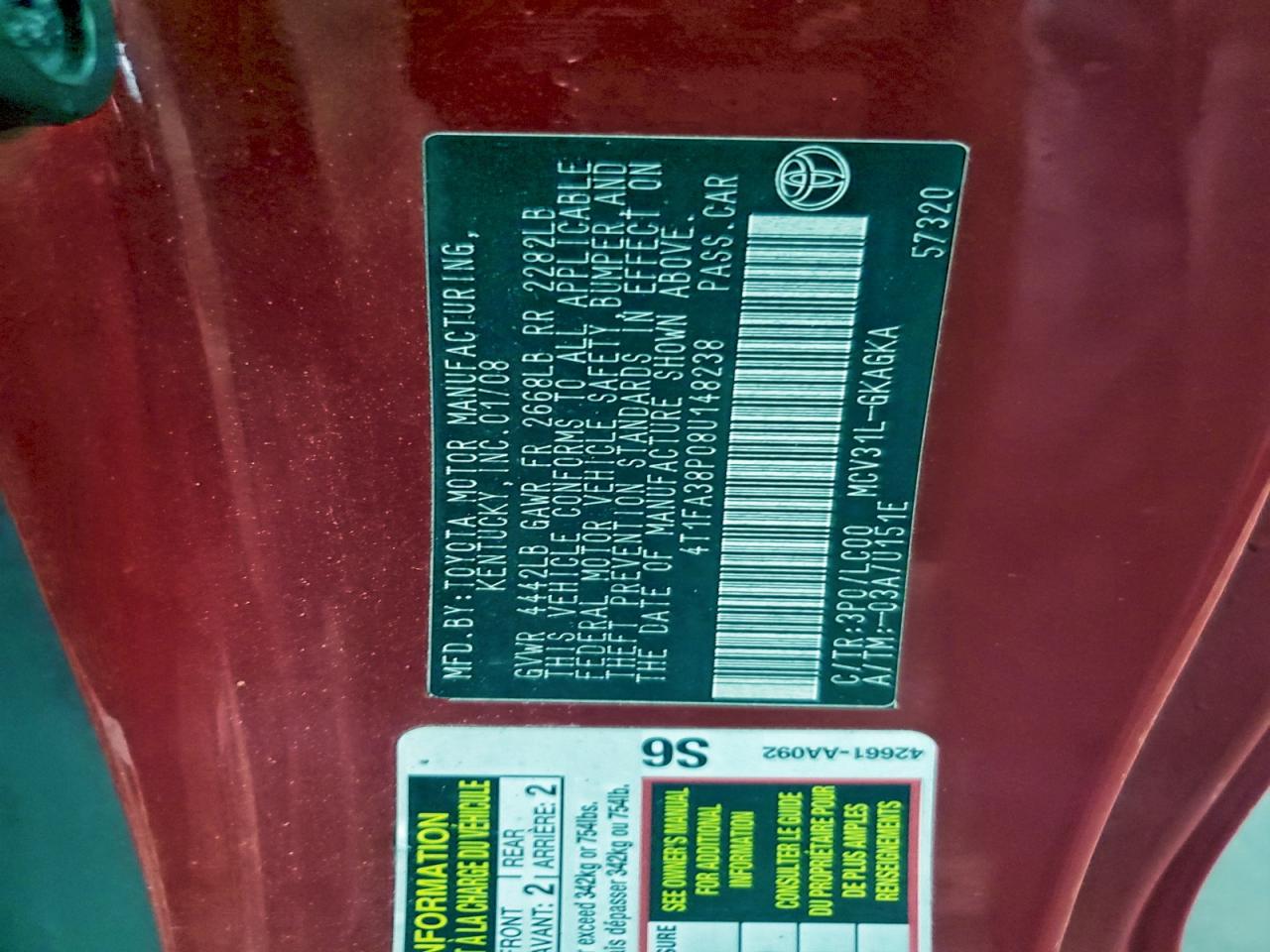 2008 Toyota Camry Solara Se VIN: 4T1FA38P08U148238 Lot: 94060705