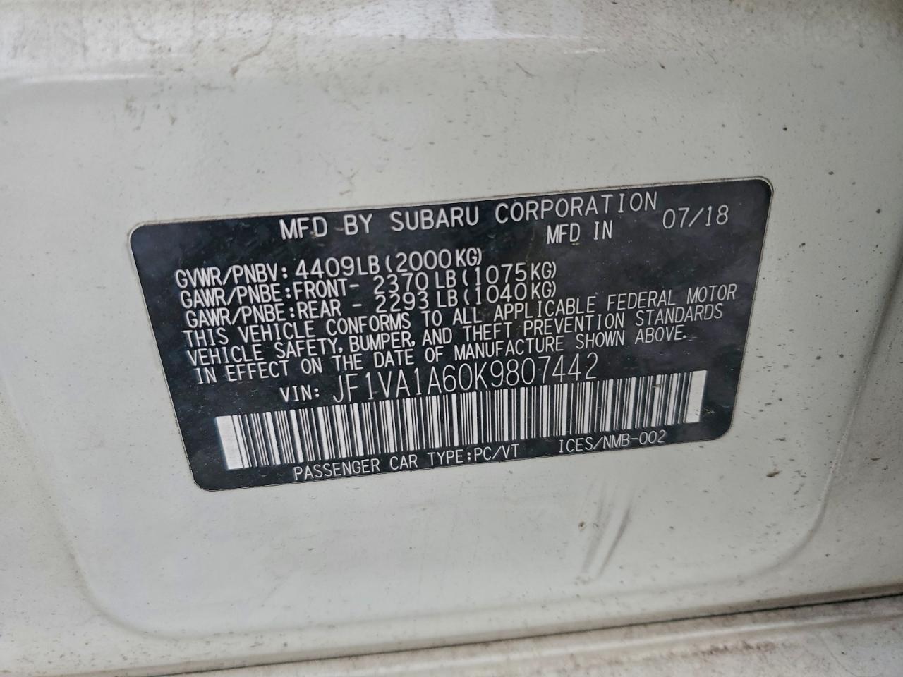 2019 Subaru Wrx VIN: JF1VA1A60K9807442 Lot: 93736015