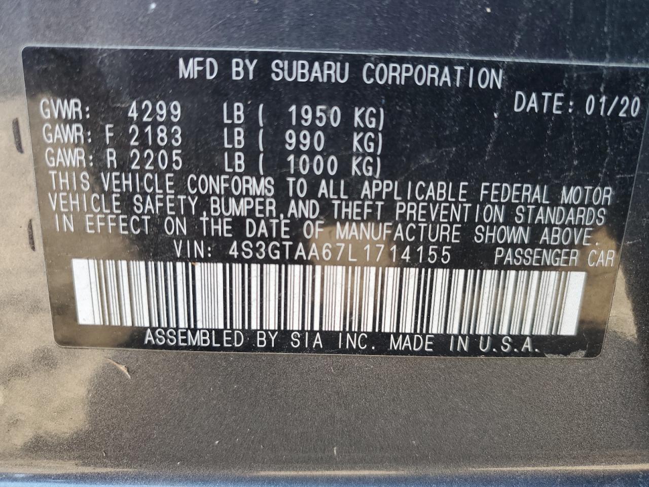 2020 Subaru Impreza VIN: 4S3GTAA67L1714155 Lot: 91920515