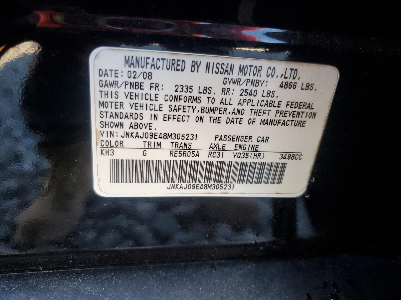 2008 Infiniti Ex35 Base VIN: JNKAJ09E48M305231 Lot: 92587145