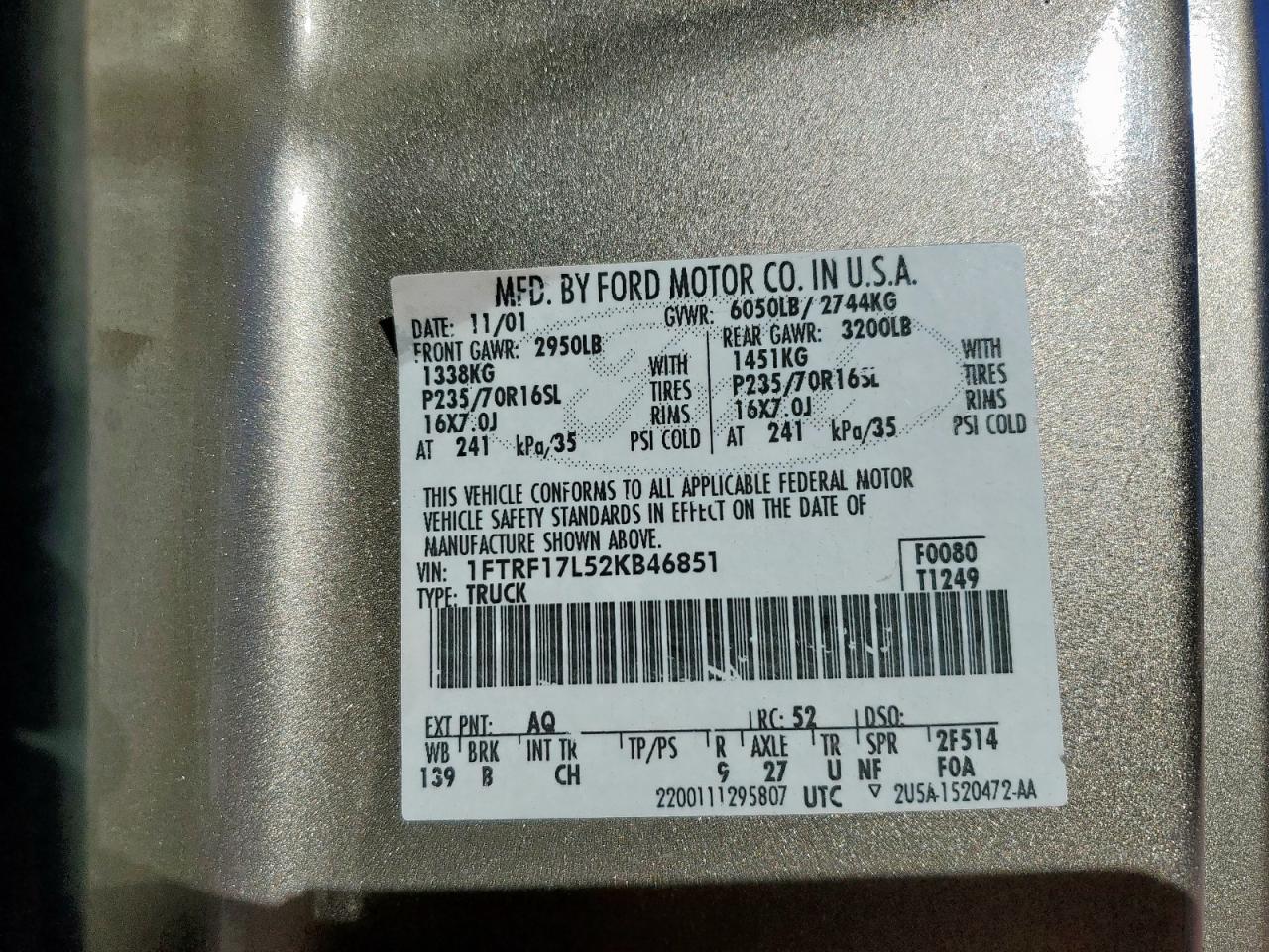 2002 Ford F150 VIN: 1FTRF17L52KB46851 Lot: 91656635