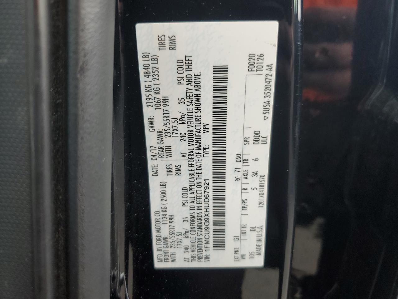 2017 Ford Escape Se VIN: 1FMCU9G9XHUD67921 Lot: 92053695