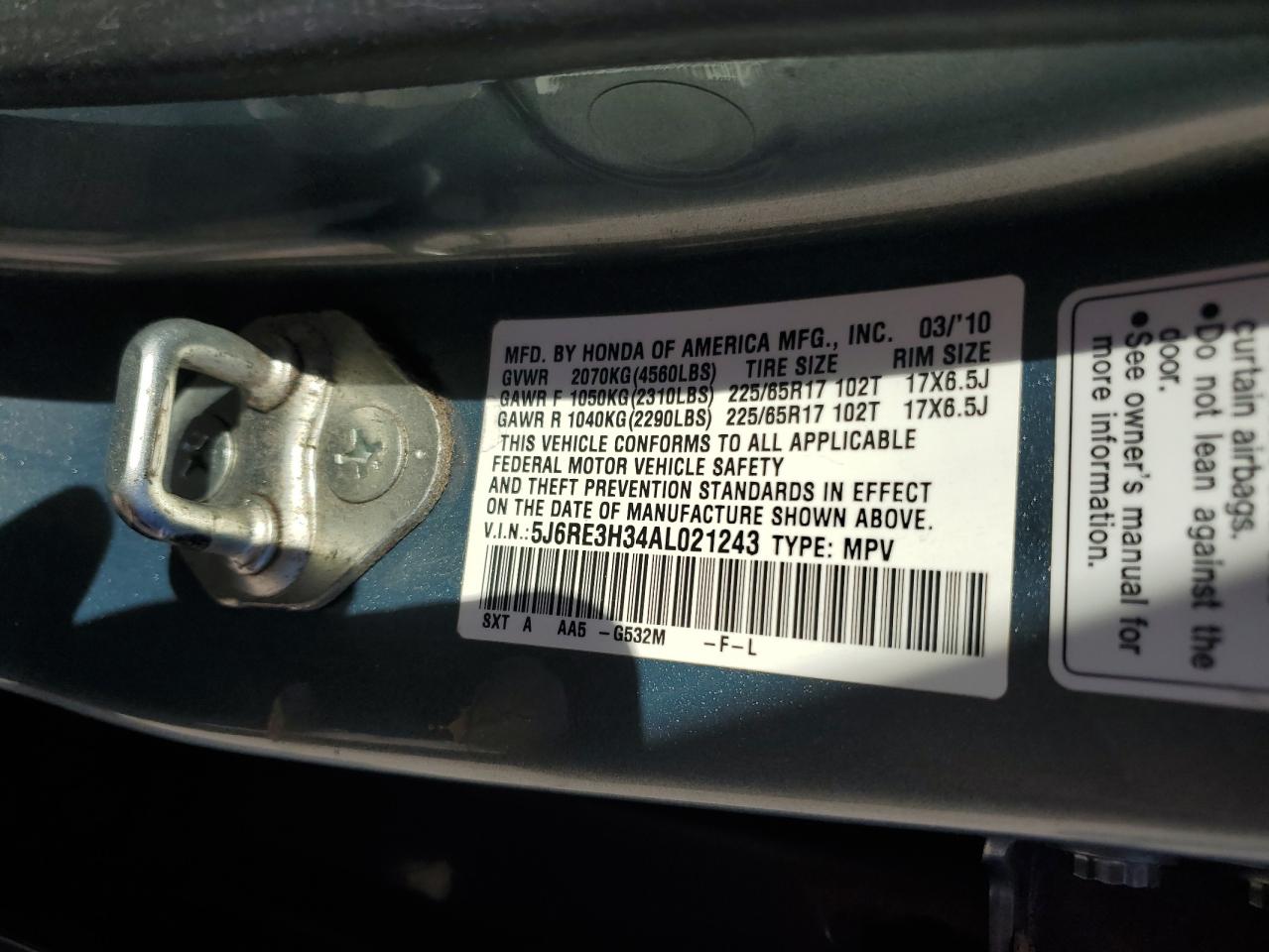 2010 Honda Cr-V Lx VIN: 5J6RE3H34AL021243 Lot: 90914415