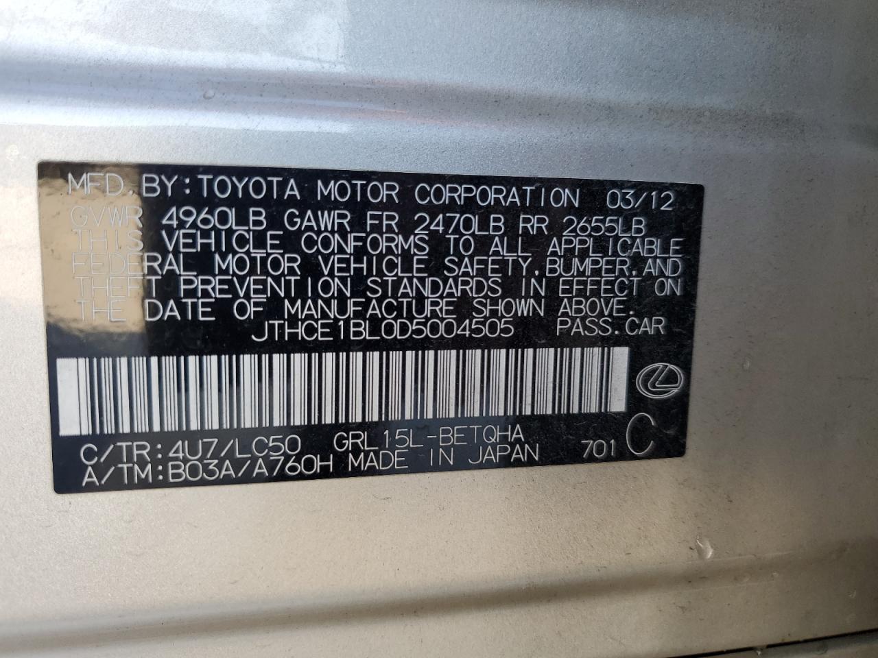 2013 Lexus Gs 350 VIN: JTHCE1BL0D5004505 Lot: 91602765