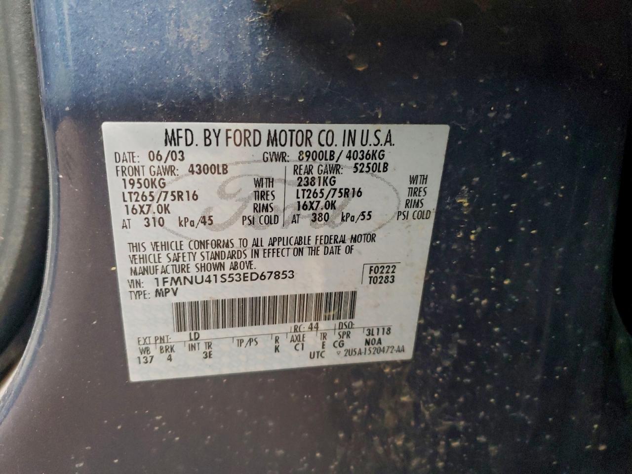 2003 Ford Excursion Xlt VIN: 1FMNU41S53ED67853 Lot: 92943985